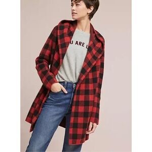 Anthropologie SMALL Field Flower Buffalo Plaid Cardigan Sweater Coat Jacket Red